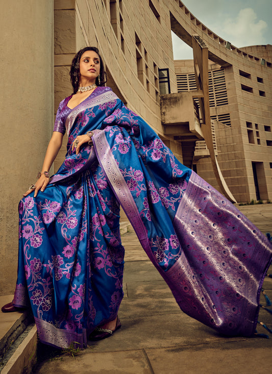 Indigo Blue Satin Brasso Zari Woven Saree