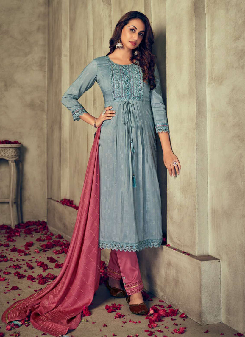 Blue Viscose Embroidered Readymade Salwar Suits