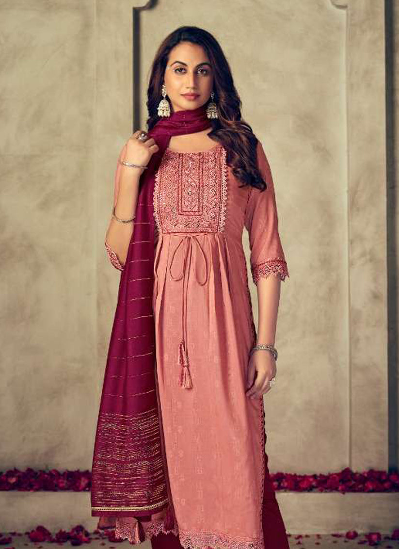 Peach Viscose Embroidered Readymade Salwar Suits