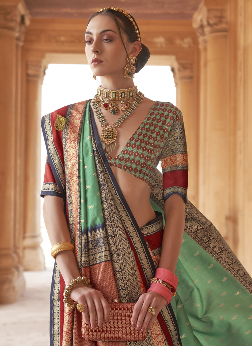 Sea Green Silk Embellished Saree