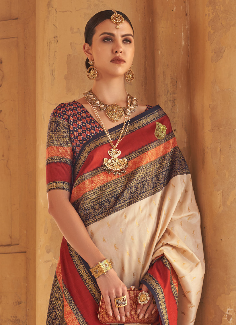 Cream Silk Embellished Saree