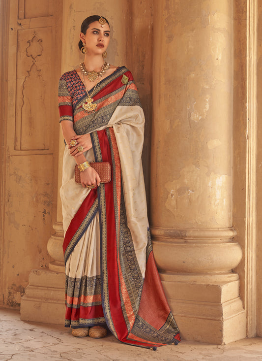 Cream Silk Embellished Saree