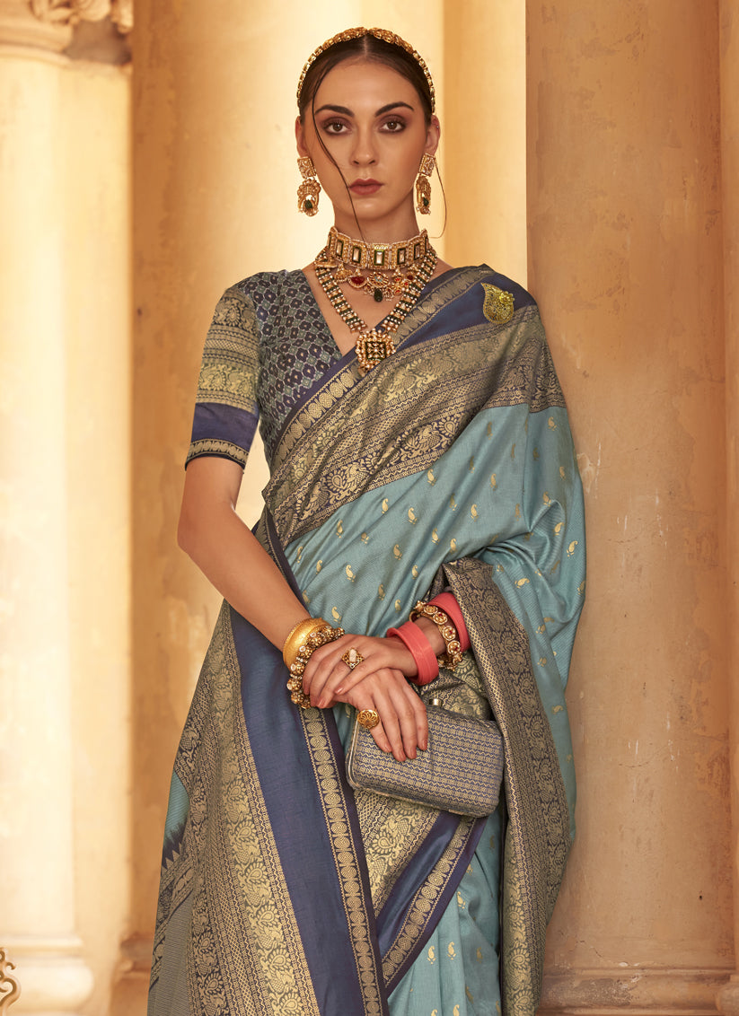 Livid Blue Silk Embellished Saree