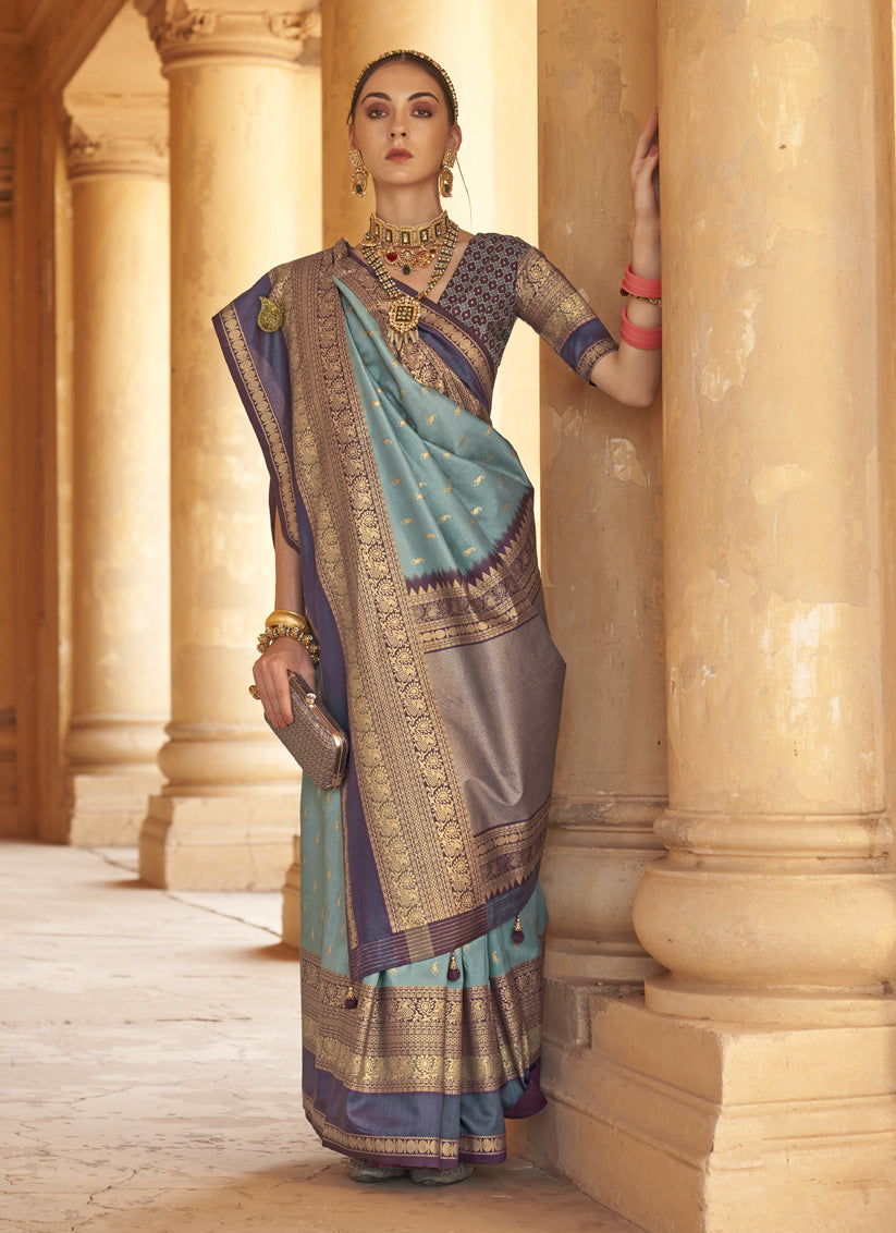 Livid Blue Silk Embellished Saree