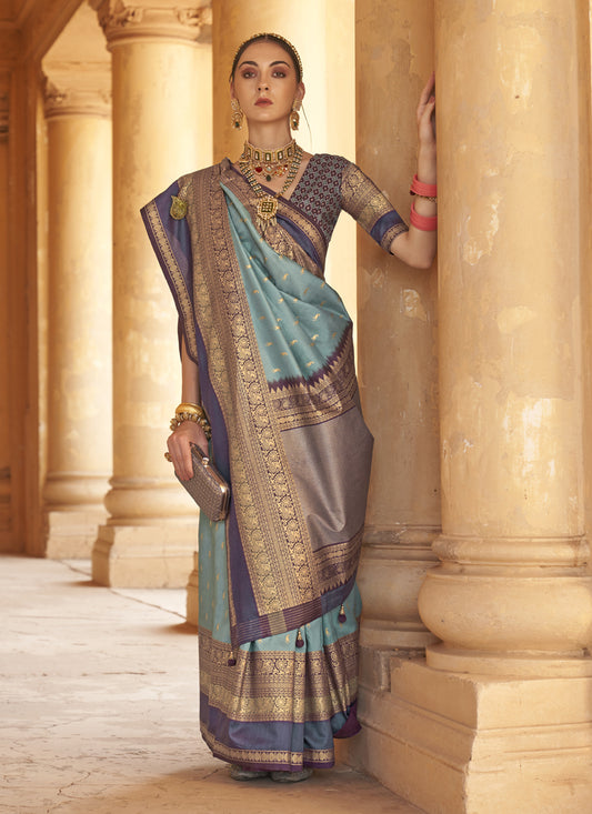 Livid Blue Silk Embellished Saree