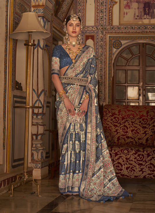 Prussian Blue Silk Embellished Saree