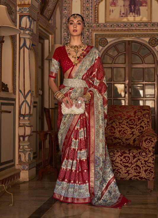 Rust Red Silk Embellished Saree