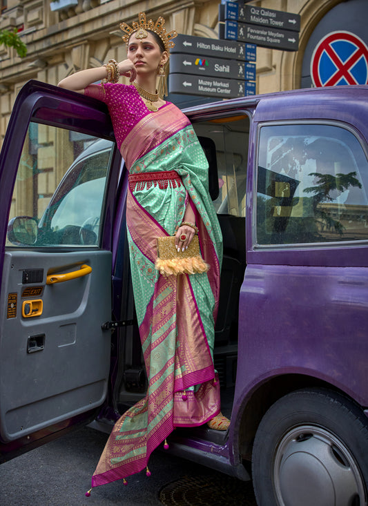 Sea Green Silk Printed Designer Saree