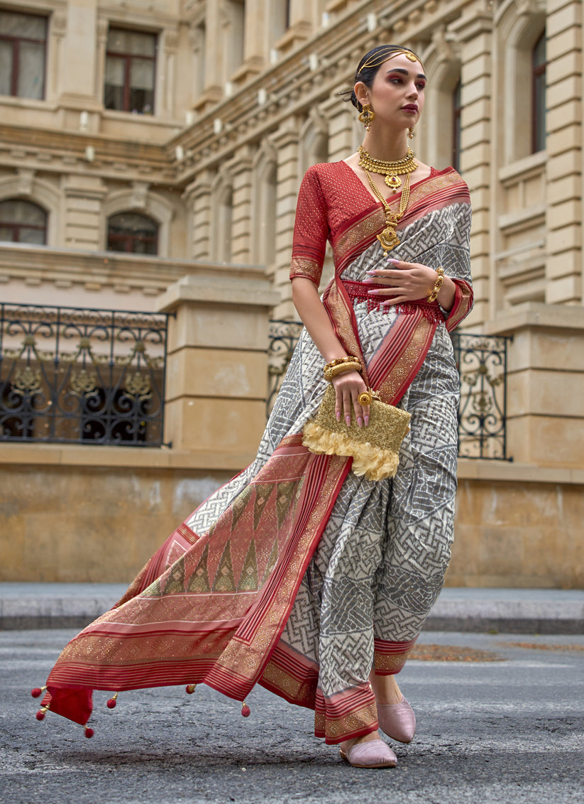 Grey Silk Printed Designer Saree