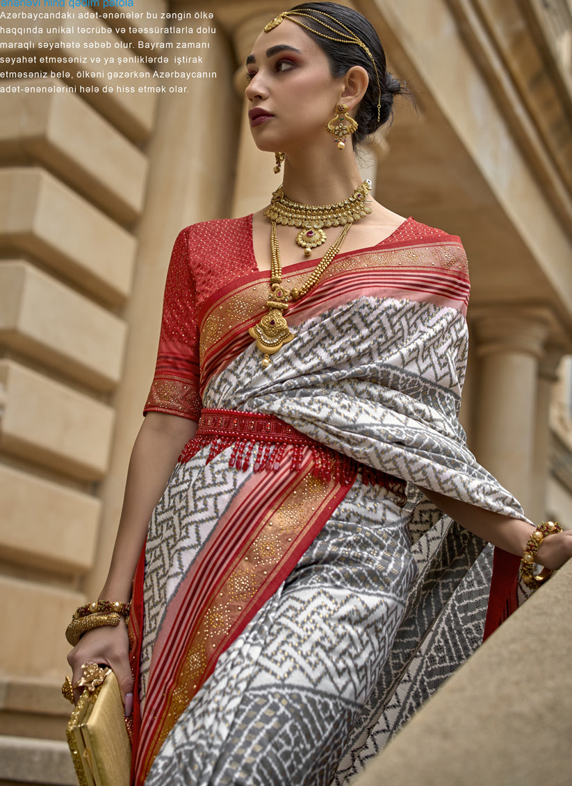 Grey Silk Printed Designer Saree