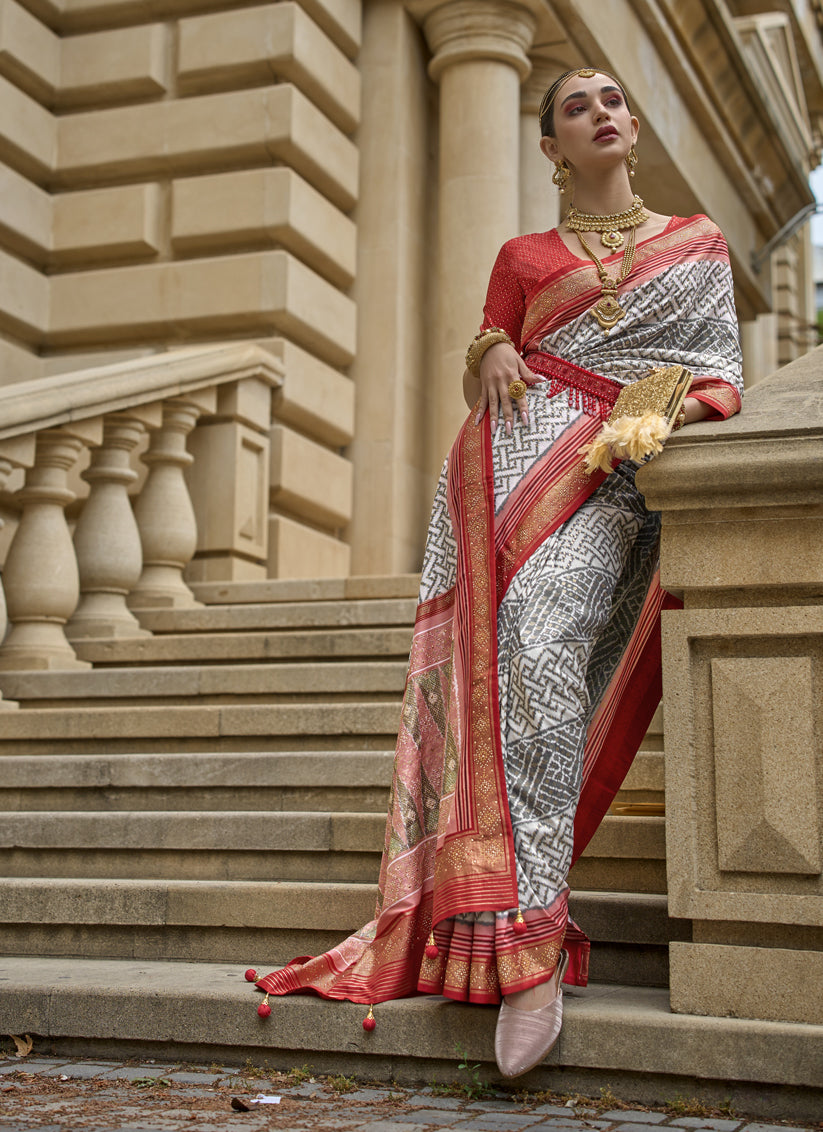 Grey Silk Printed Designer Saree