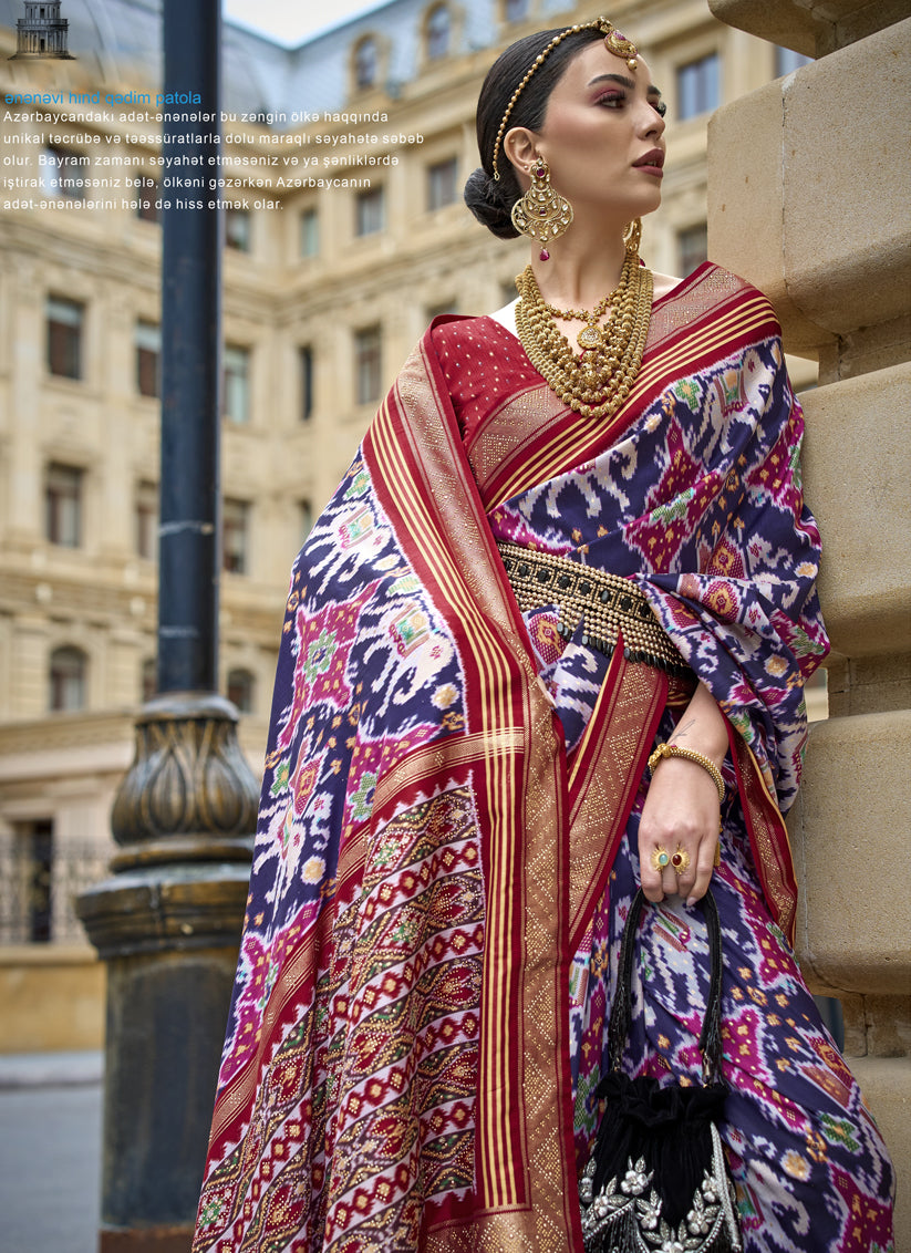 Navy Blue Silk Printed Designer Saree