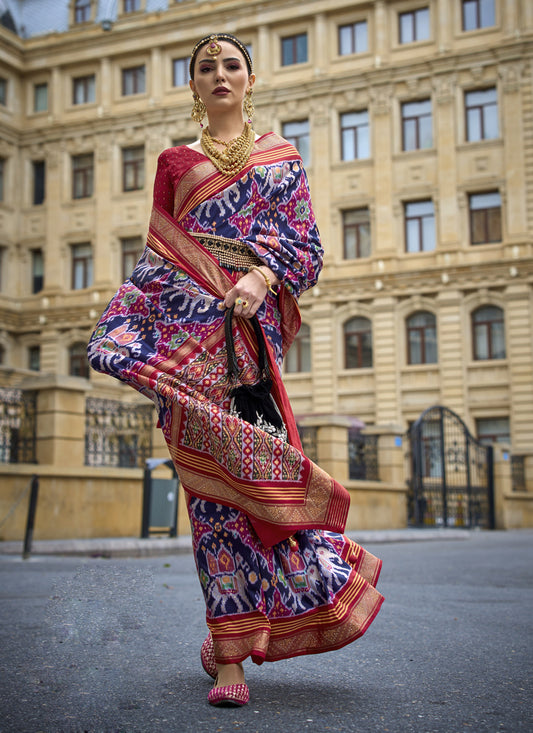 Navy Blue Silk Printed Designer Saree