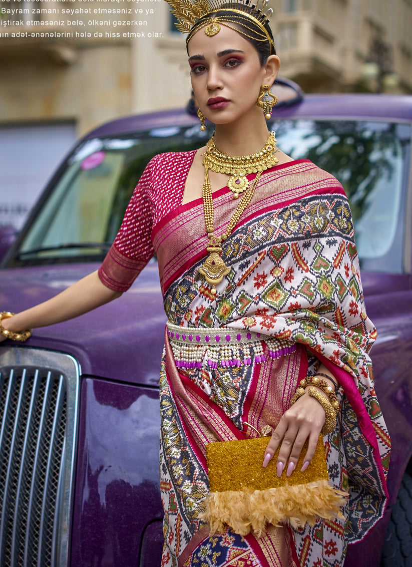 Off White Silk Printed Designer Saree