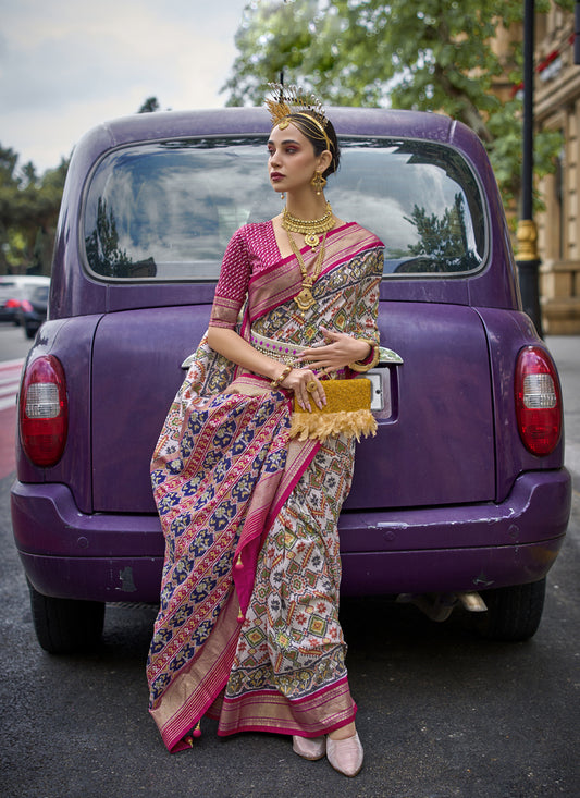 Off White Silk Printed Designer Saree