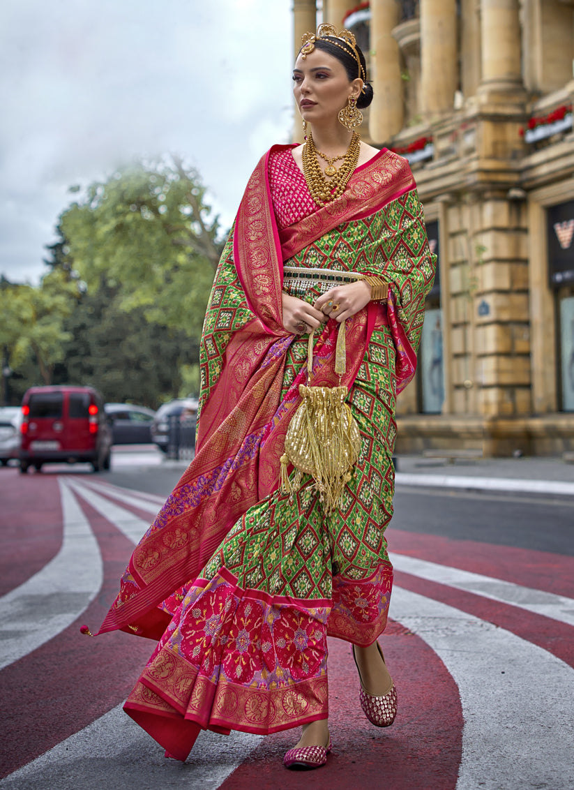 Parrot Green Silk Printed Designer Saree