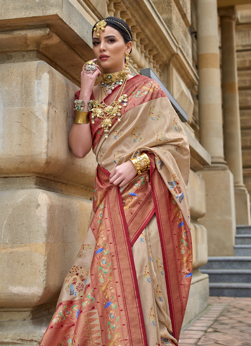 Beige Embellished Silk Saree