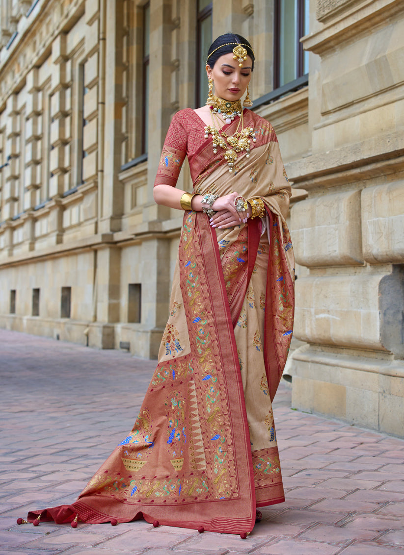 Beige Embellished Silk Saree