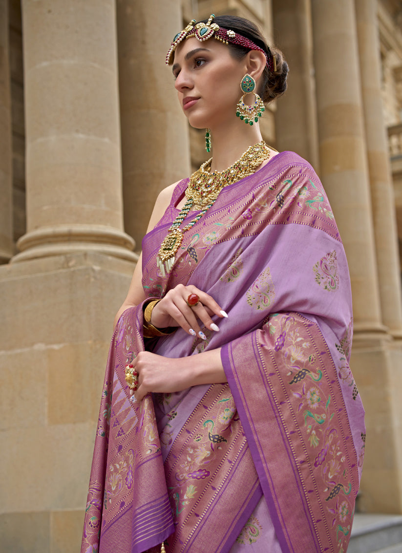 Lilac Pink Embellished Silk Saree