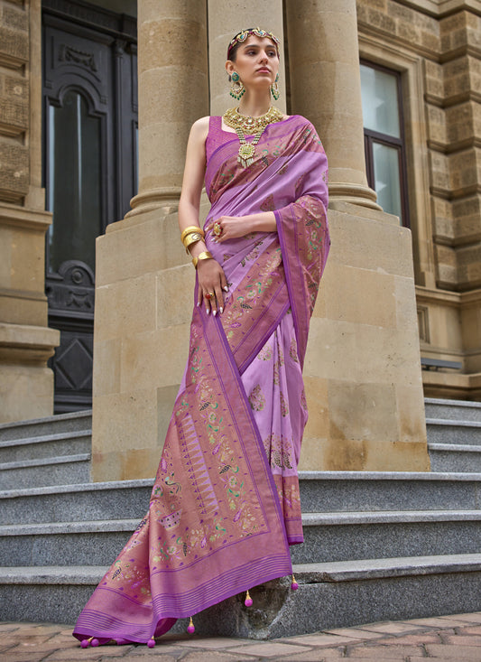 Lilac Pink Embellished Silk Saree