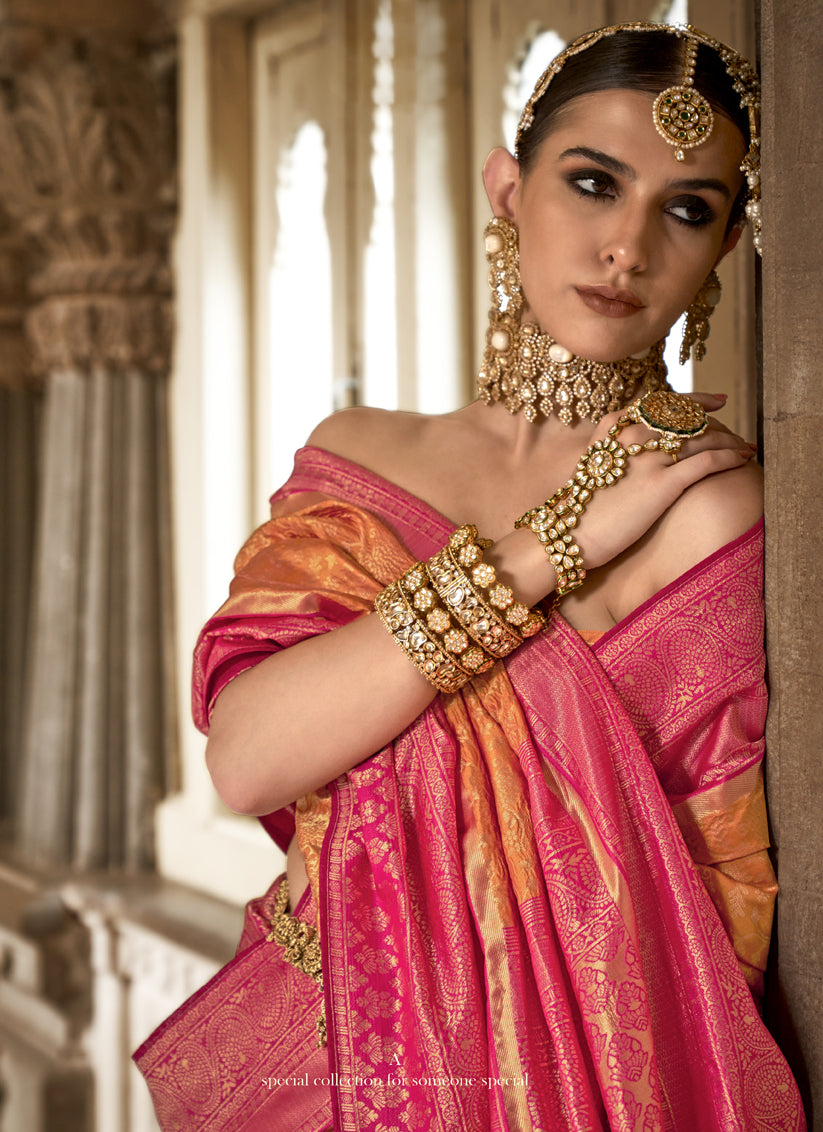 Sunset Orange Banarasi Weaving Silk Saree for Ceremonial