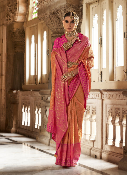 Sunset Orange Banarasi Weaving Silk Saree for Ceremonial