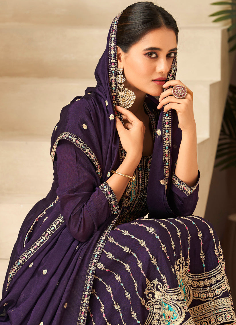 Amethyst Purple Chinnon Embroidered Trouser Kameez