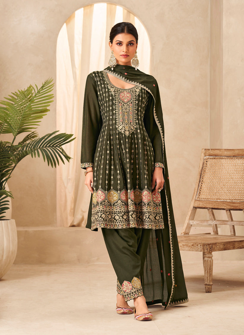 Mehendi Green Chinnon Embroidered Trouser Kameez