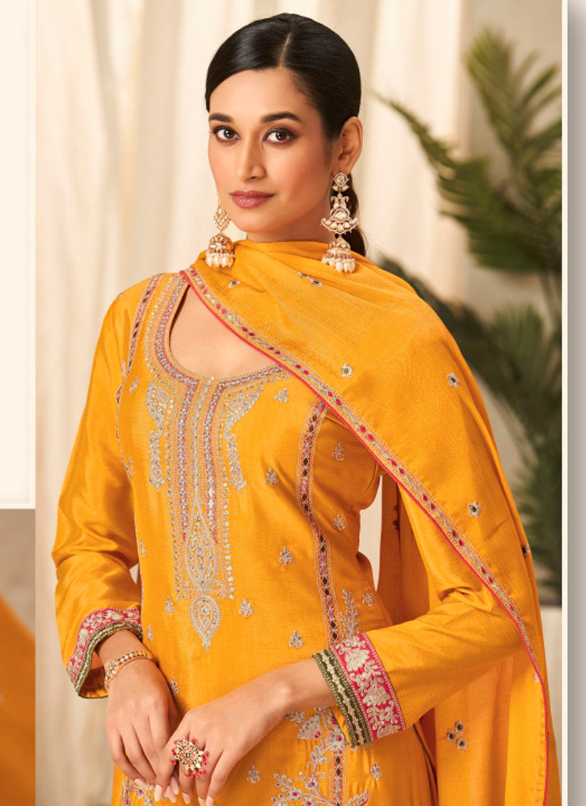 Golden Yellow Chinnon Embroidered Palazzo Kameez