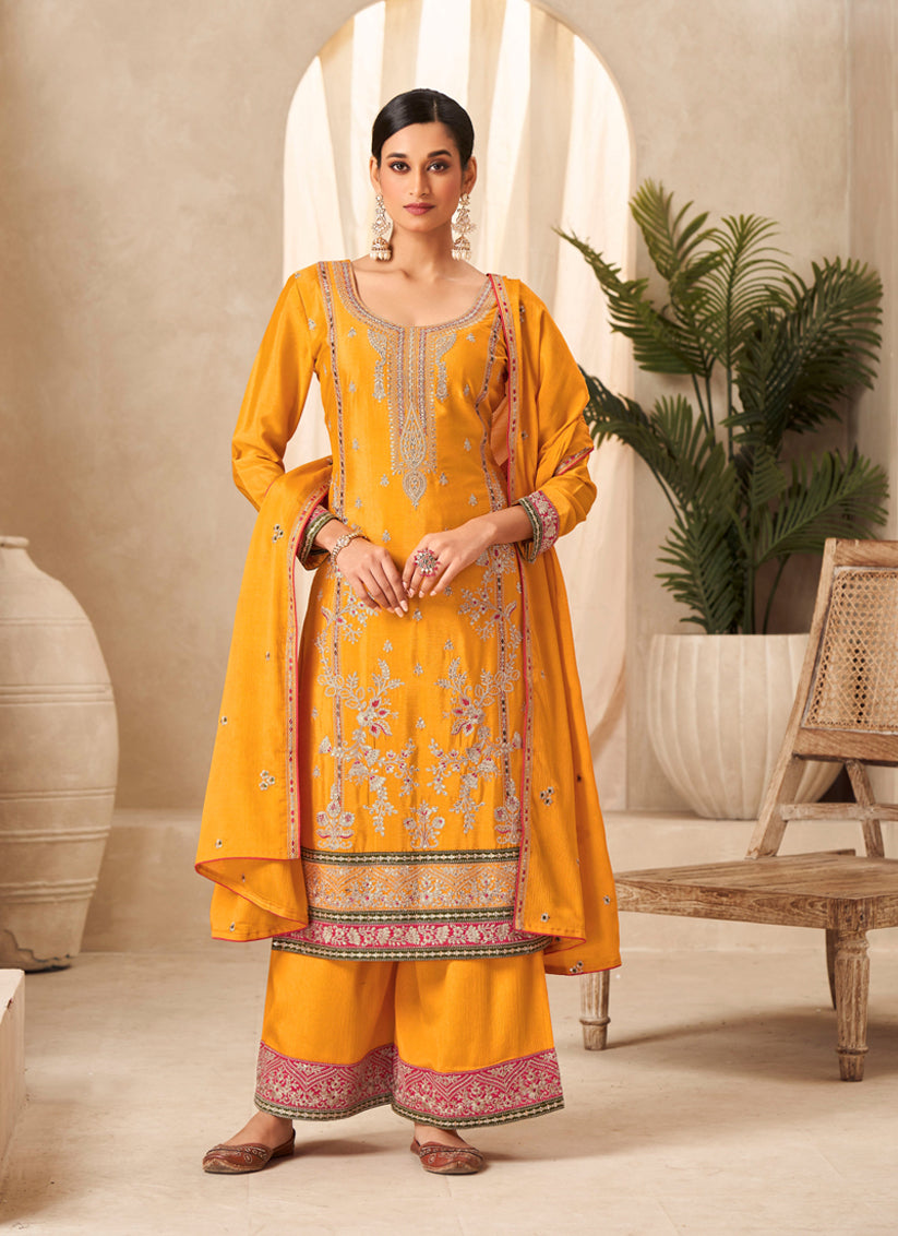 Golden Yellow Chinnon Embroidered Palazzo Kameez