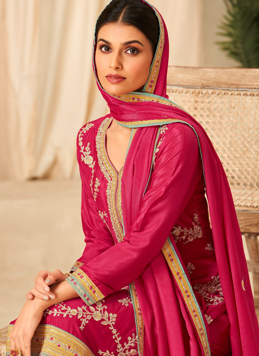 Rani Pink Chinnon Embroidered Palazzo Kameez