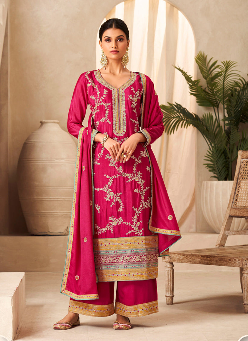 Rani Pink Chinnon Embroidered Palazzo Kameez