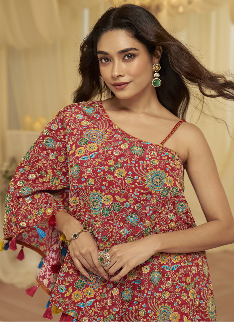 Elegant Red Embroidered Designer Sharara Suit