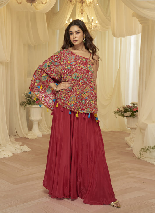 Elegant Red Embroidered Designer Sharara Suit