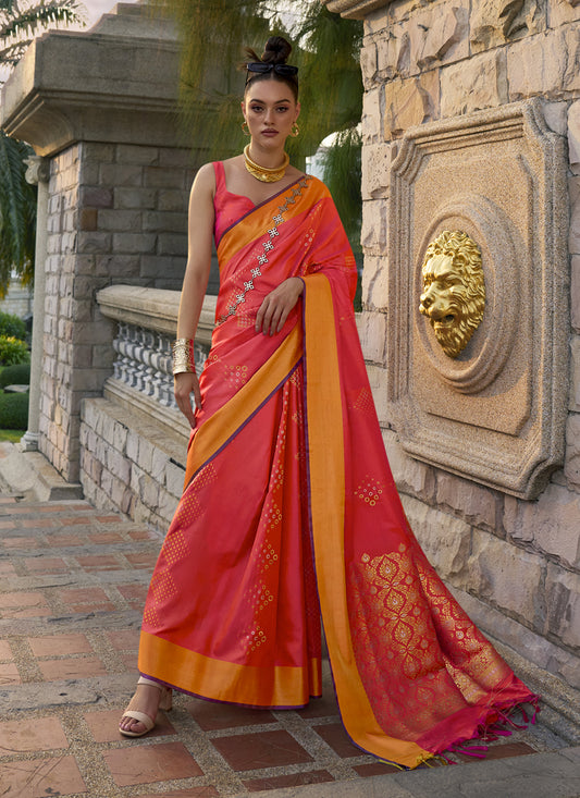 Punch Pink Woven Silk Saree for Festival