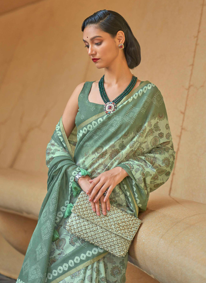Pastel Green Printed Cotton Party Wear Saree