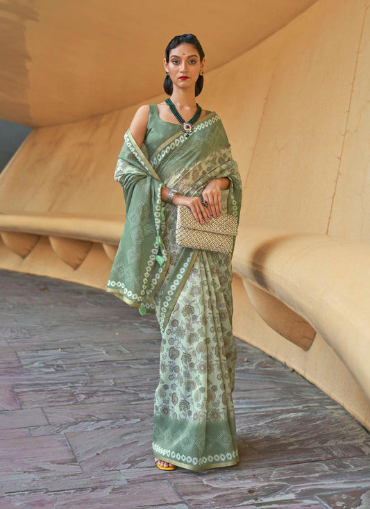 Pastel Green Printed Cotton Party Wear Saree