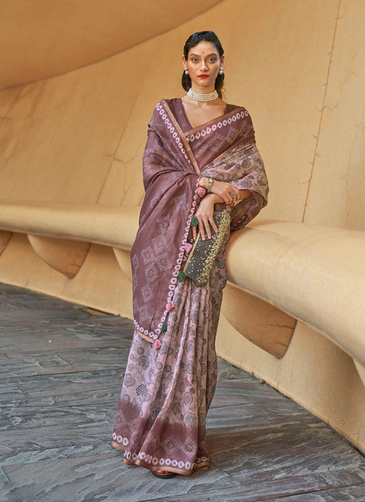 Lilac Pink Printed Cotton Party Wear Saree