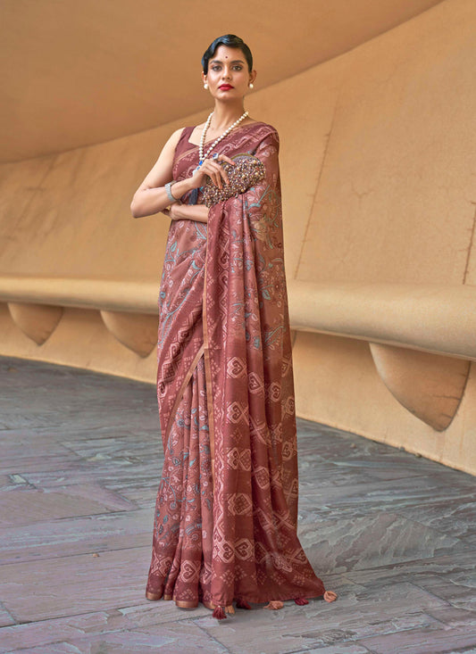 Copper Brown Printed Cotton Party Wear Saree
