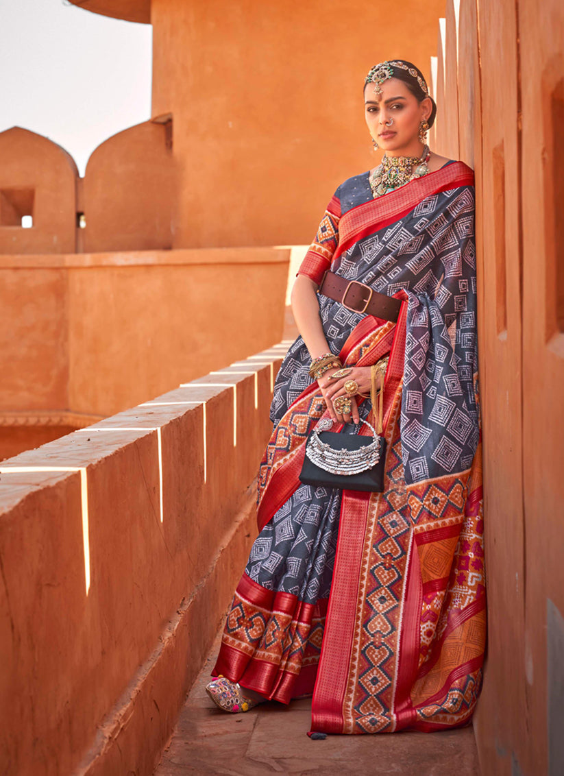 Slate Grey Foil Printed Cotton Silk Saree