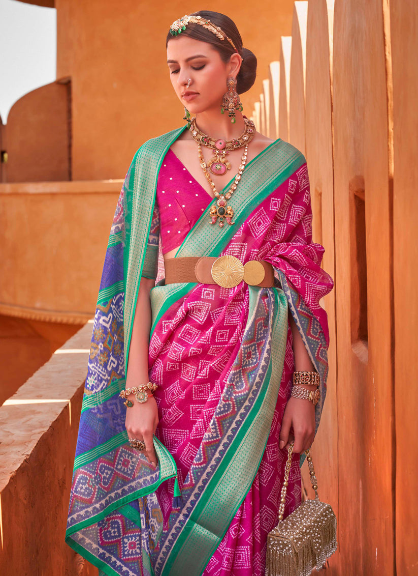 Rani Pink Foil Printed Cotton Silk Saree