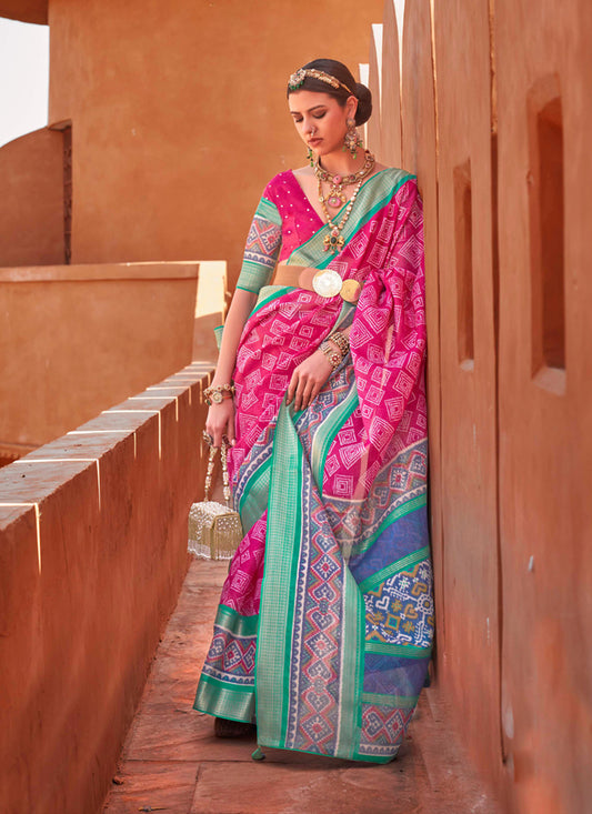 Rani Pink Foil Printed Cotton Silk Saree