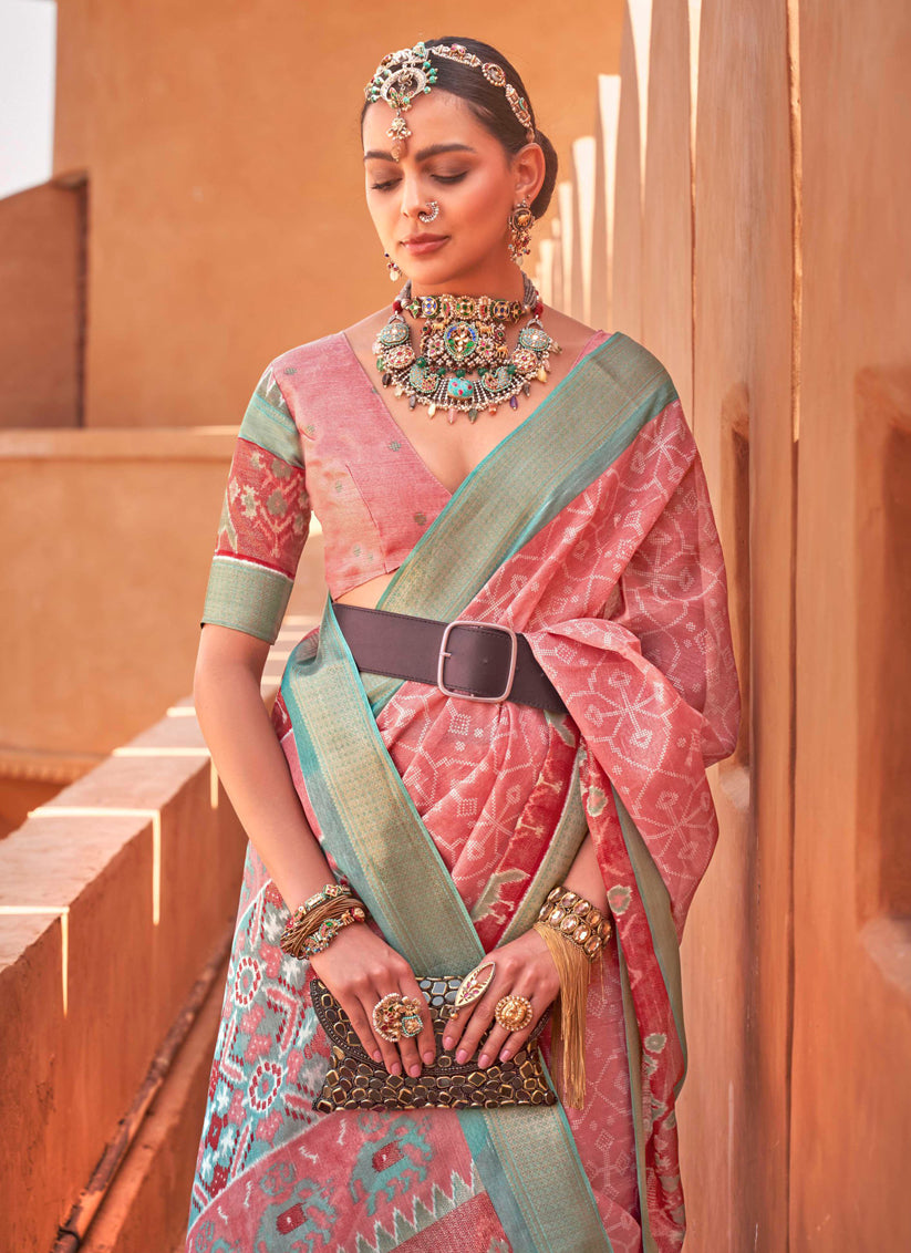 Dusty Pink Foil Printed Cotton Silk Saree