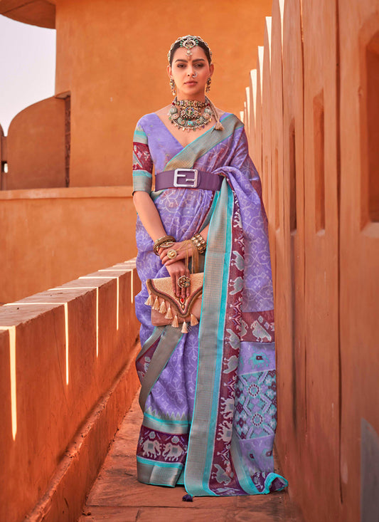 Lilac Foil Printed Cotton Silk Saree