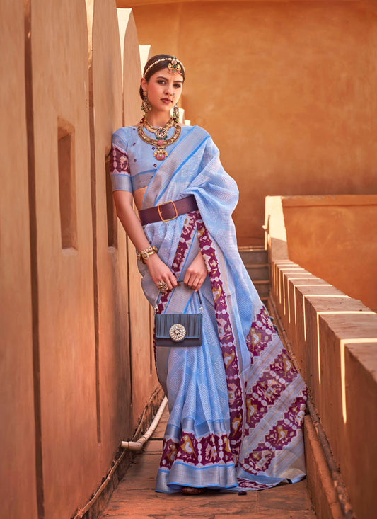 Periwinkle Foil Printed Cotton Silk Saree