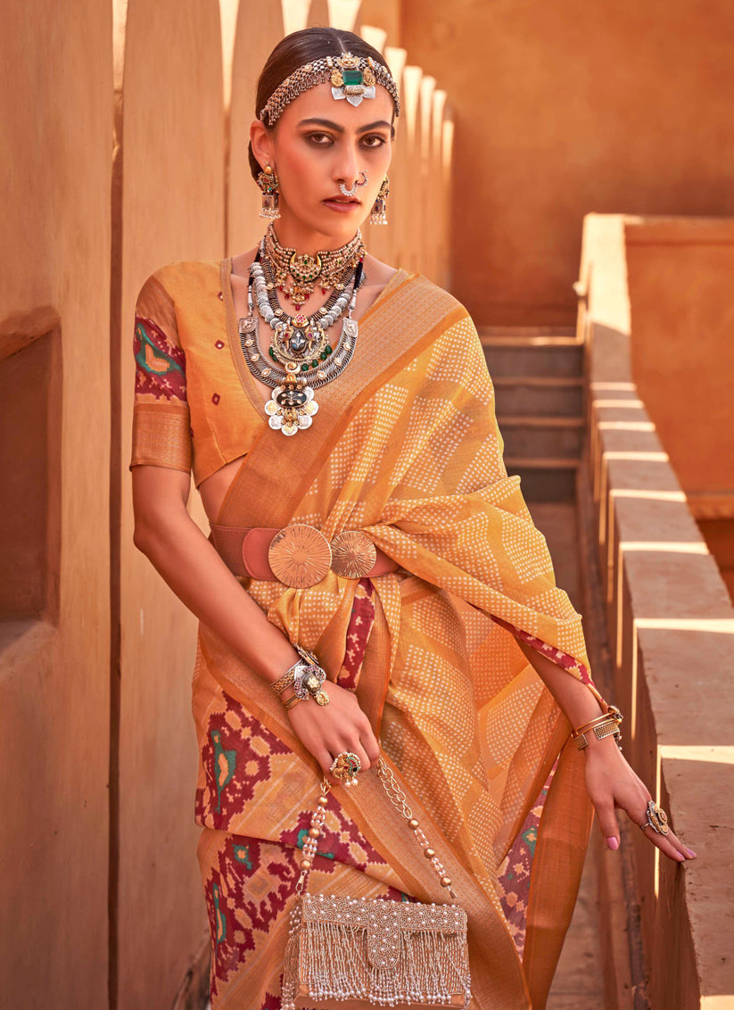 Mustard Foil Printed Cotton Silk Saree