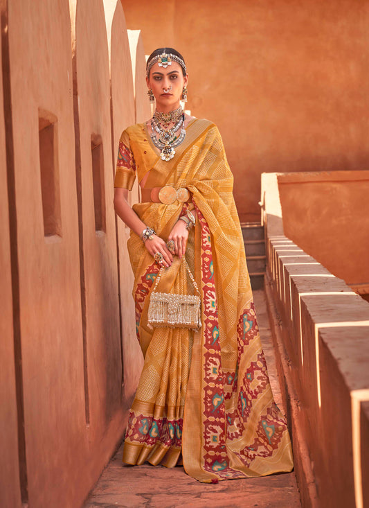 Mustard Foil Printed Cotton Silk Saree