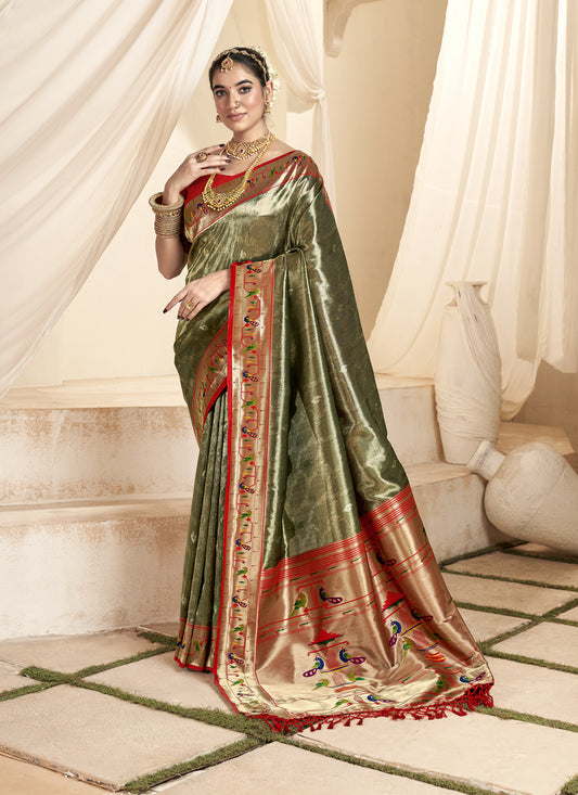 Moss Green Zari Woven Paithani Tissue Silk Saree