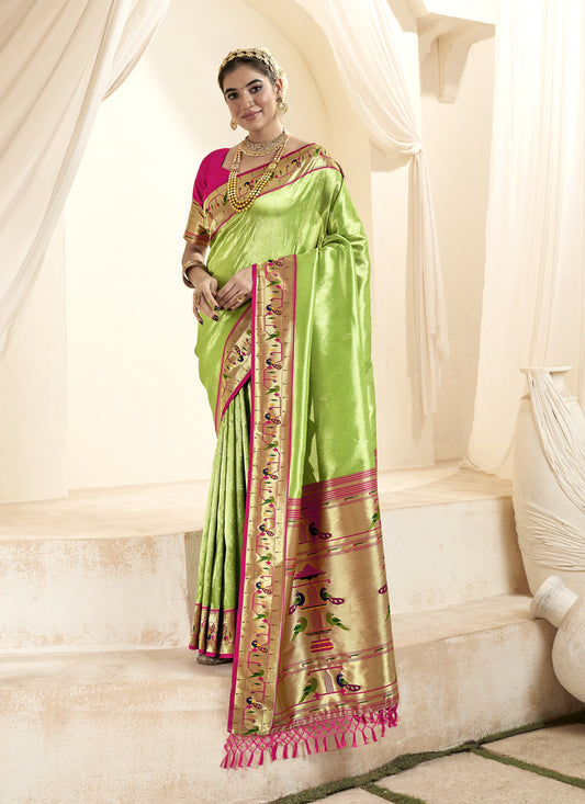 Spring Green Zari Woven Paithani Tissue Silk Saree