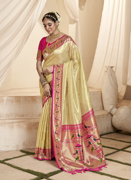 Cream Zari Woven Paithani Tissue Silk Saree